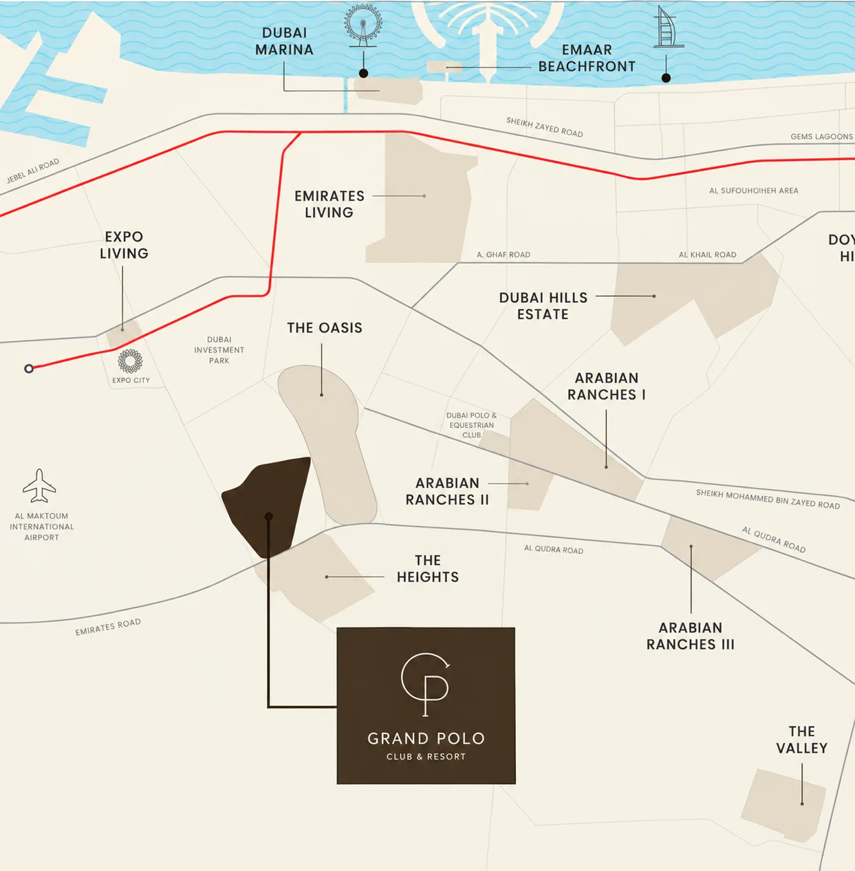 Map positioning Lunaya near Sheikh Zayed Road and major destinations in the Jebel Ali growth corridor